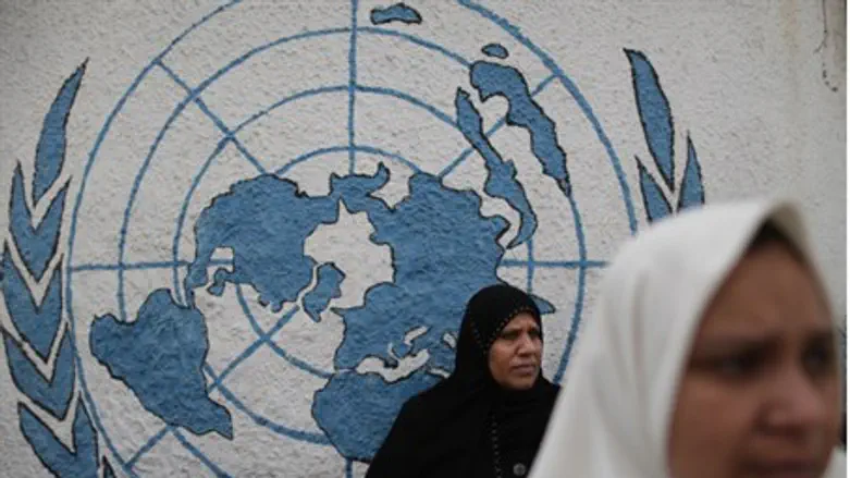 Arab women in front of UN sign