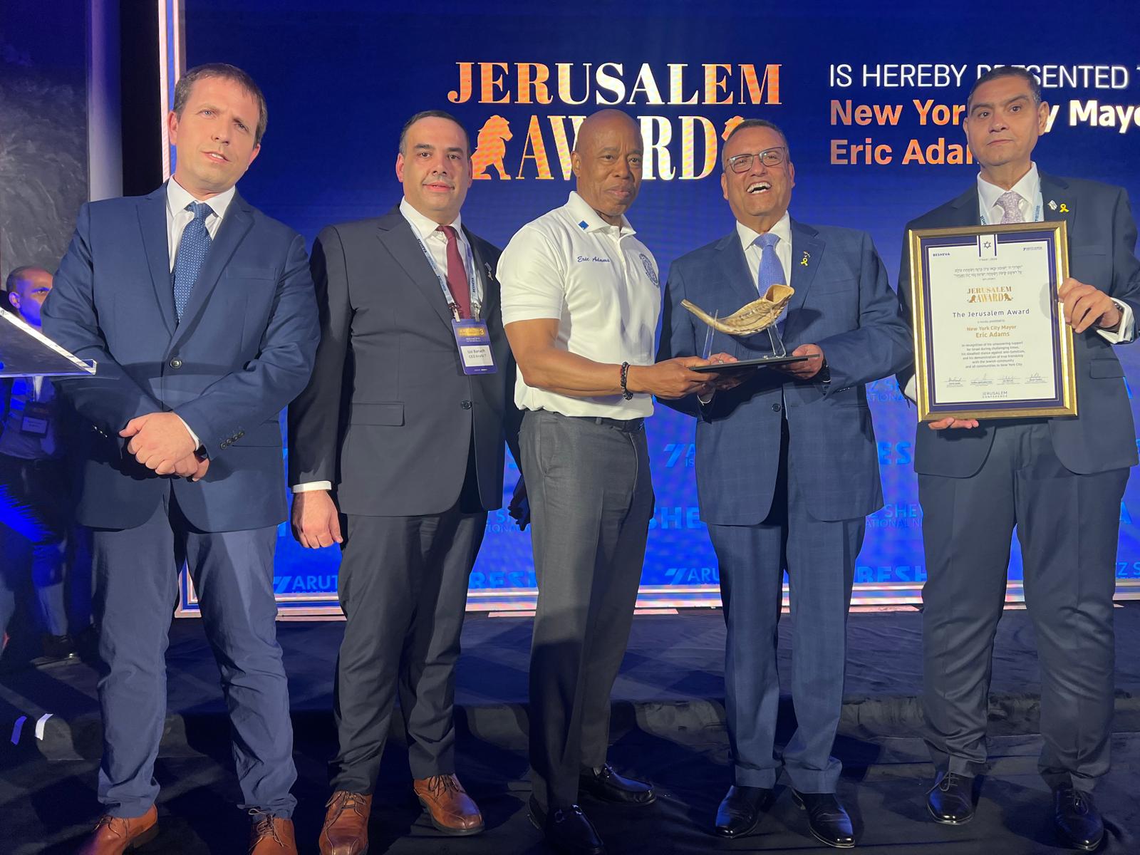 Eric Adams is presented the Jerusalem Prize