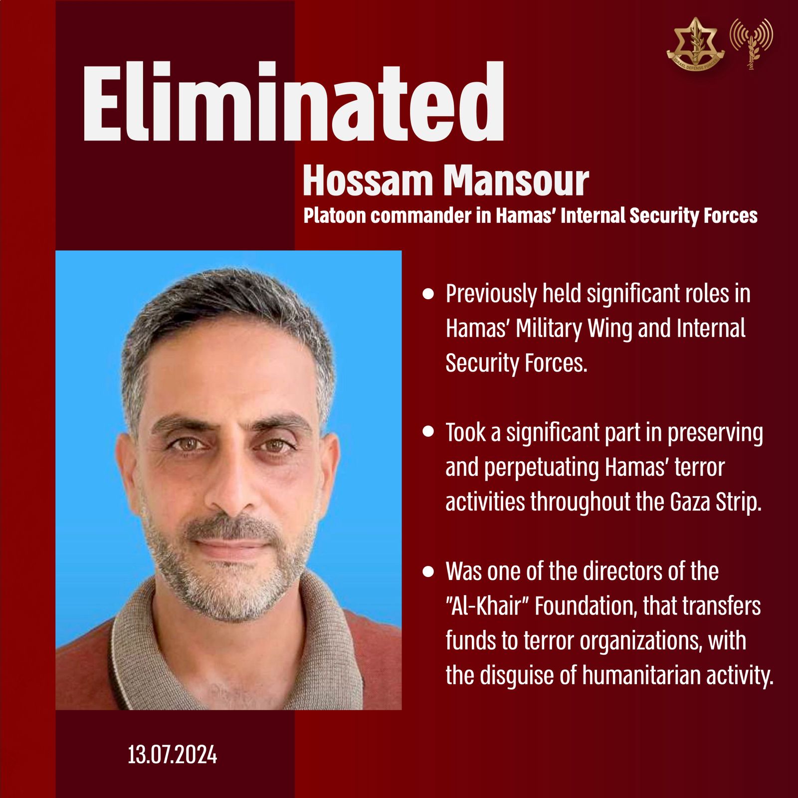 Senior Hamas terrorist Hossam Mansour