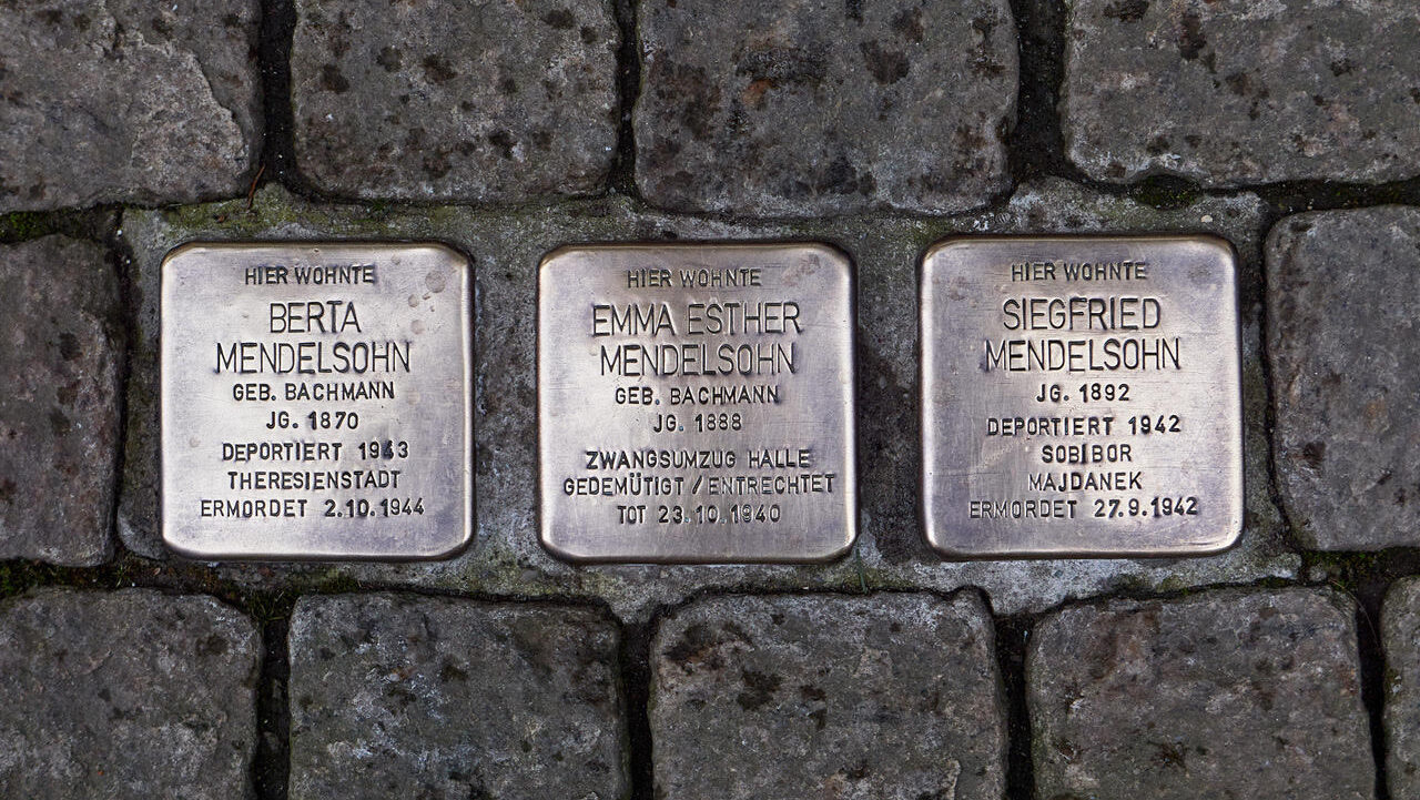 Three of 10 Stolpersteine, or Stumbling Stones, memorializing Jews murdered by the Nazis that appeared in Zeitz, Germany, before they were stolen on Oct. 7, 2024. Courtesy Sebastian Striegel