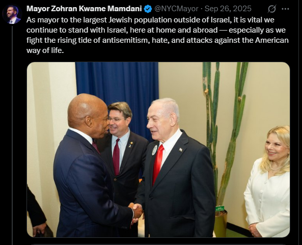 Adams' post on meeting Netanyahu, now under Mamdani's name