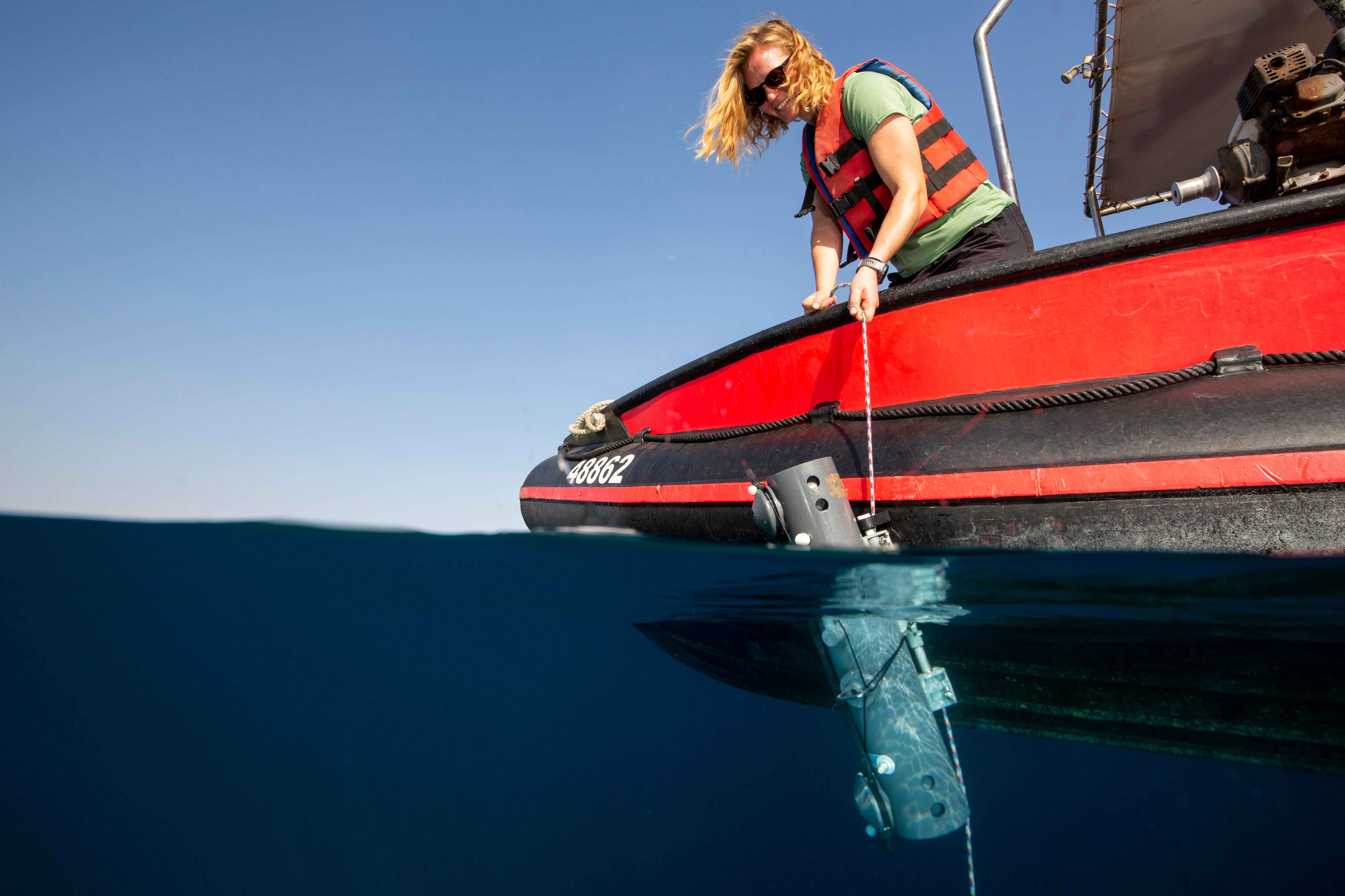 Researchers deploy an instrument near the reef in Eilat to record water currents, allowing them to keep track of the direction of sea currents. Courtesy/Jake Stout