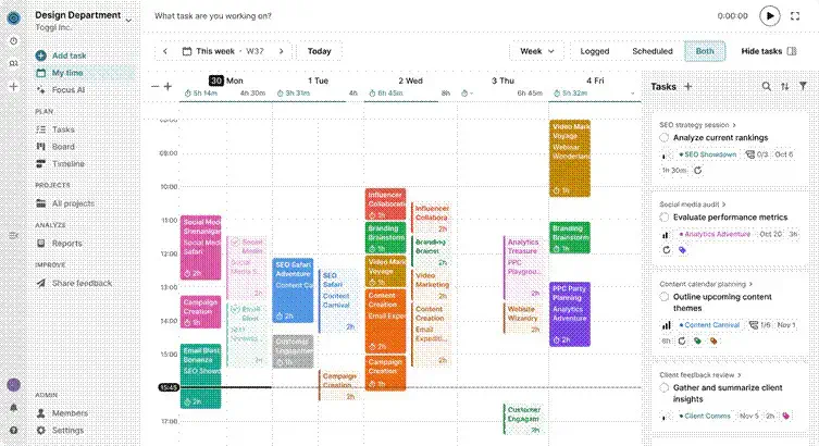 Interface of Toggl Track