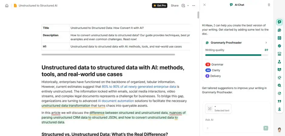 Interface of Grammarly