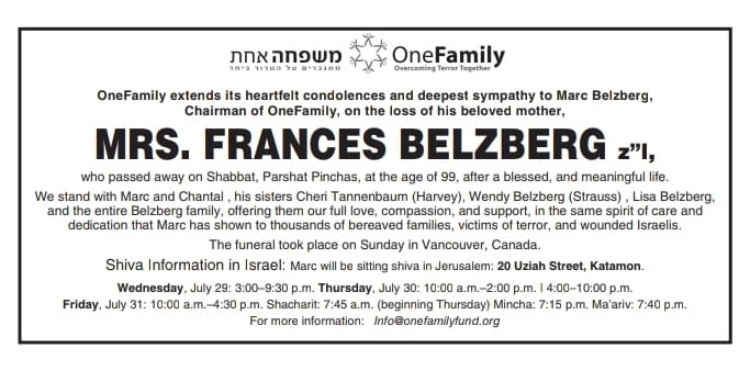 Mourning notice for Mrs. Frances Belzberg z"l