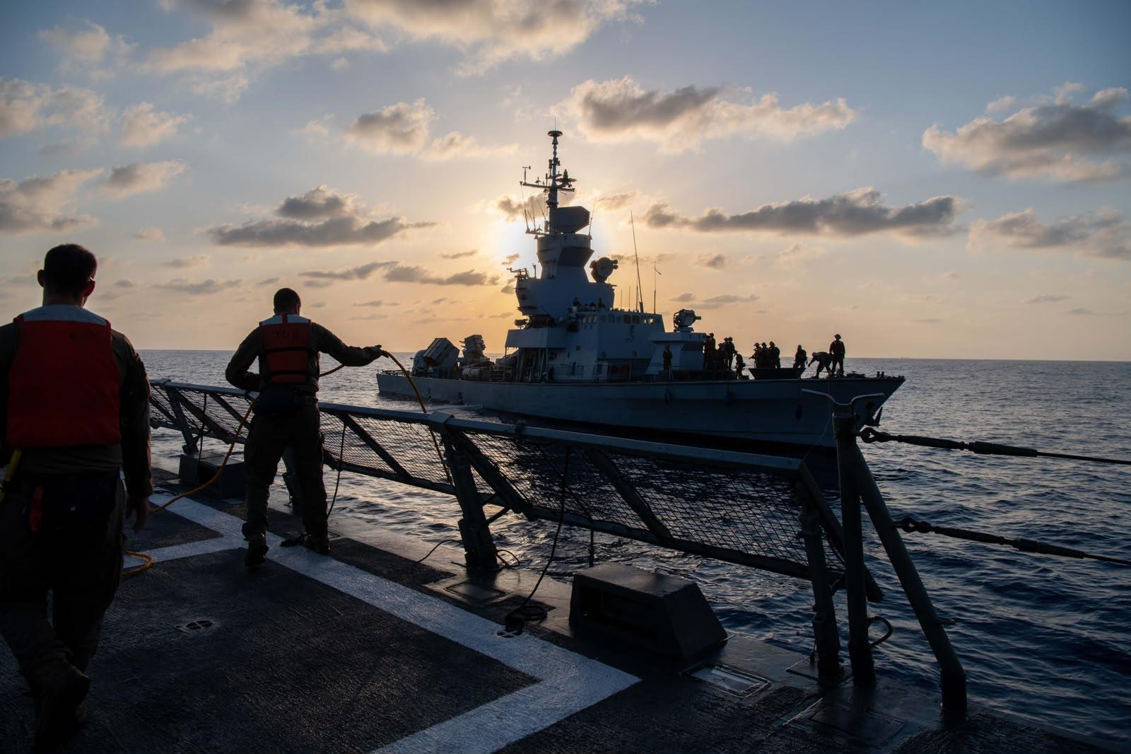 Missile corvette crewmen with a Sa'ar 4.5 missile ship