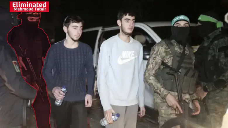 The terrorist (L) with hostages Ofir Engel and Amit Shani IDF Spokesperson