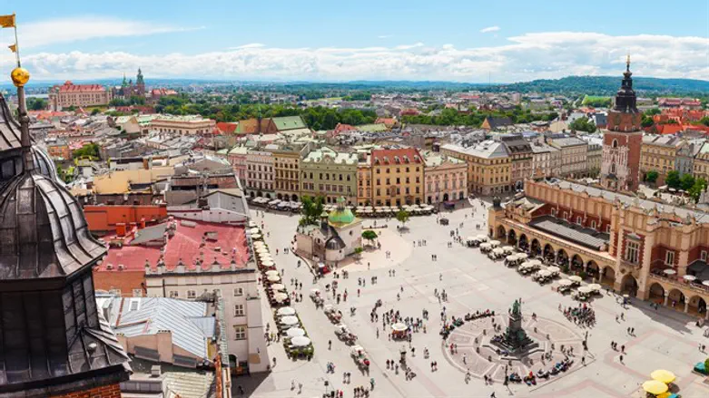 , PolandAerial view of the central square and Sukiennice in Krakow