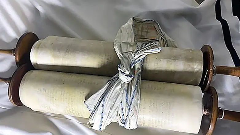 A Torah scroll that the Nazis stole from a Czech congregation on display