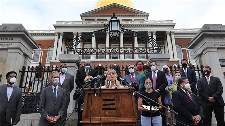 Massachusetts state Senate President Karen E. Spilka speaks on the steps of the 