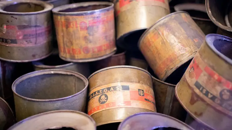 Empty poison gas cans of the pesticide Zyklon B are exhibited in the museum of t