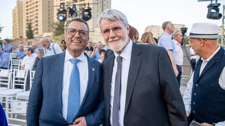 Moshe Lion (L) and JCT President Chaim Sukenik at the site for the new campus.