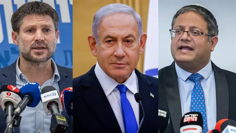 Bezalel Smotrich (L), Benjamin Netanyahu (C), and Itamar Ben-Gvir (R)