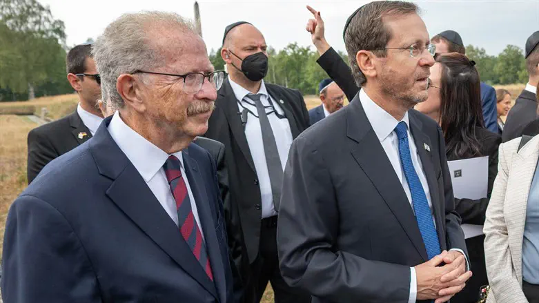 Menachem Rosensaft (L) & Israel's Pres. Herzog (R) at the Bergen Belsen concentration camp