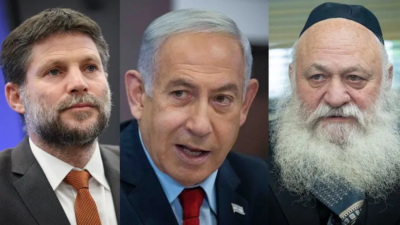 Smotrich (l), Netanyahu (c), Goldknopf