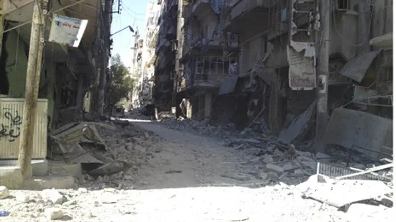 A view of damaged buildings in Aleppo