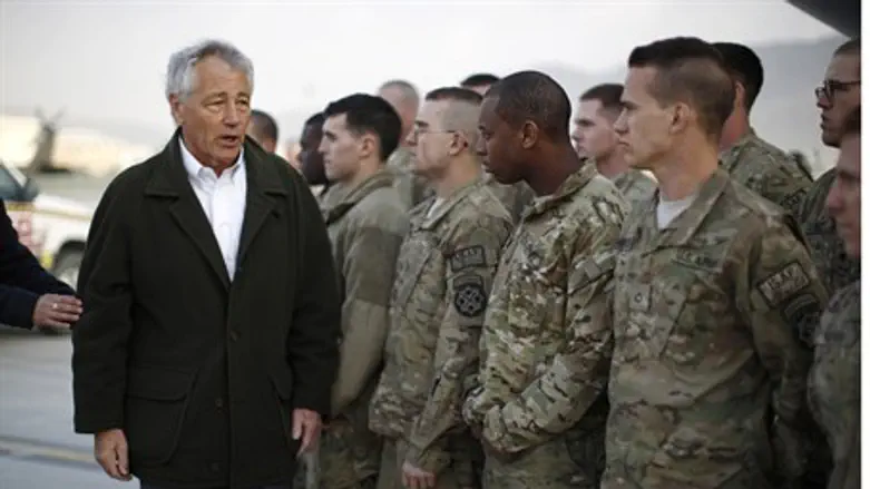 Chuck Hagel greets NATO soldiers in Afghanist