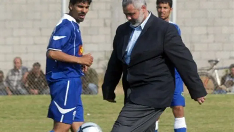 Hamas leader Ismail Haniyeh on the soccer pit