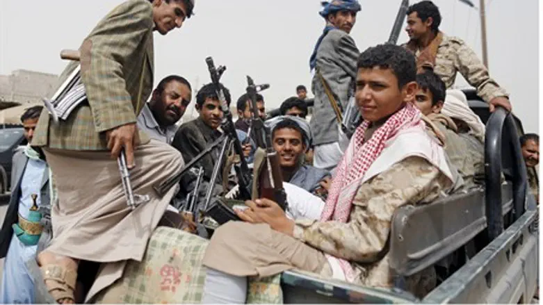 Houthi rebels outside Sanaa Airport, Yemen