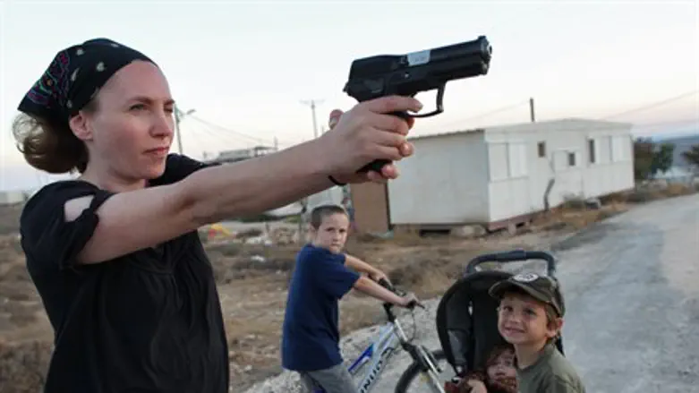 Jewish woman practices shooting gun (illustration)