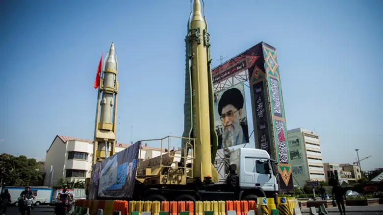 Display featuring missiles and portrait of Iran's Supreme Leader Ayatollah Ali Khamenei