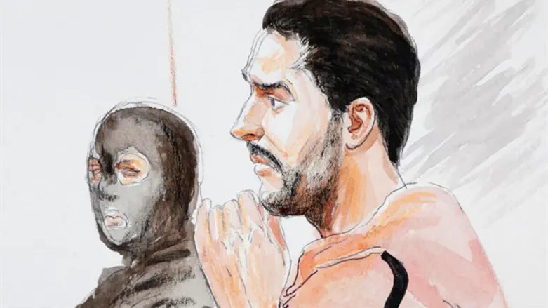 Court artist's drawing of Mehdi Nemmouche during his murder trial